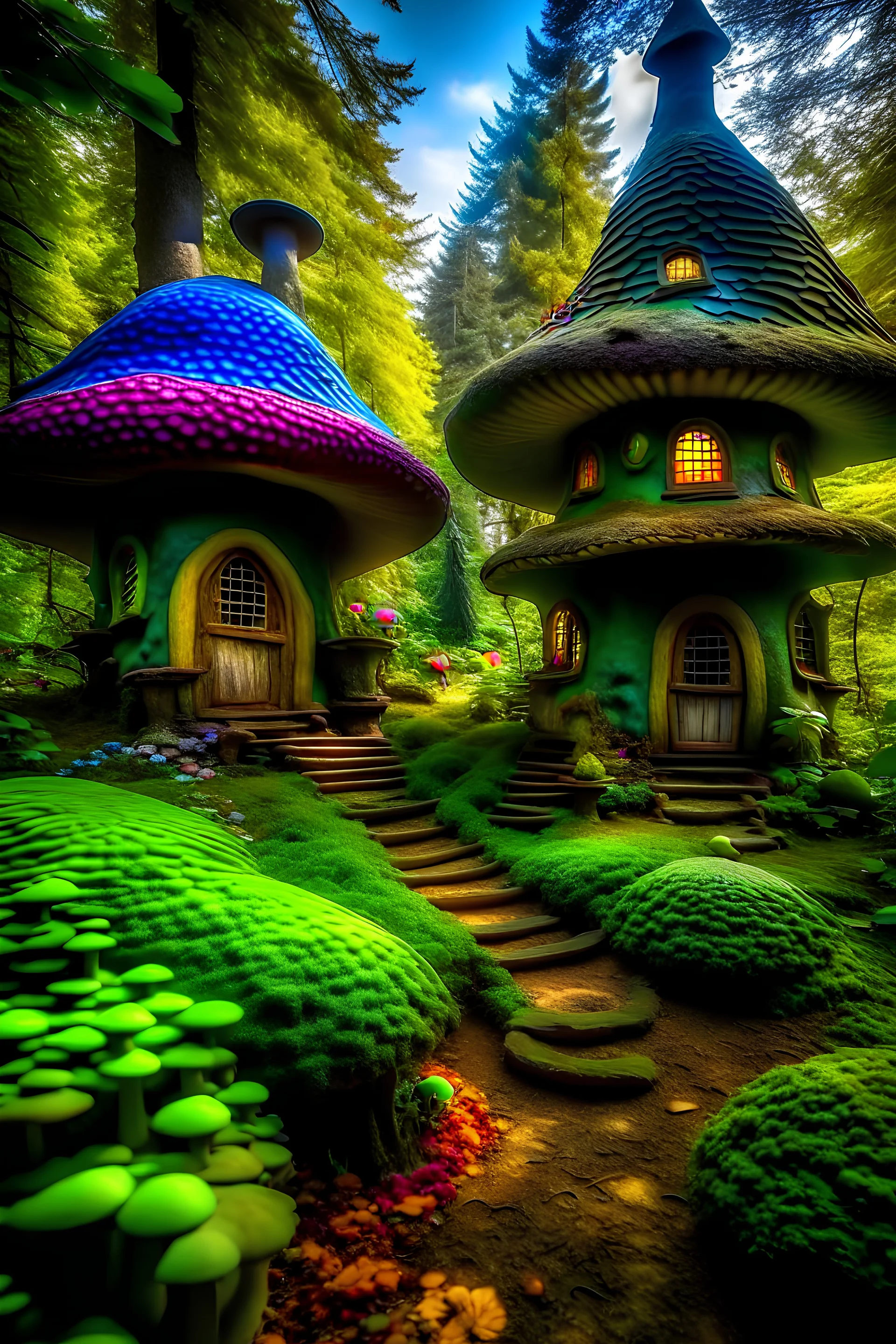 Enter a whimsical forest filled with delightful surprises, where tall trees stretch towards the sky dot the forest floor. Picture yourself stepping into this enchanting world, greeted by the charming sight of mushroom houses nestled among the foliage. As you explore, you'll discover an array of mushroom houses, each uniquely designed with vibrant colors and whimsical details. From cozy cottages to towering mansions, every mushroom home is a testament to imagination and cr