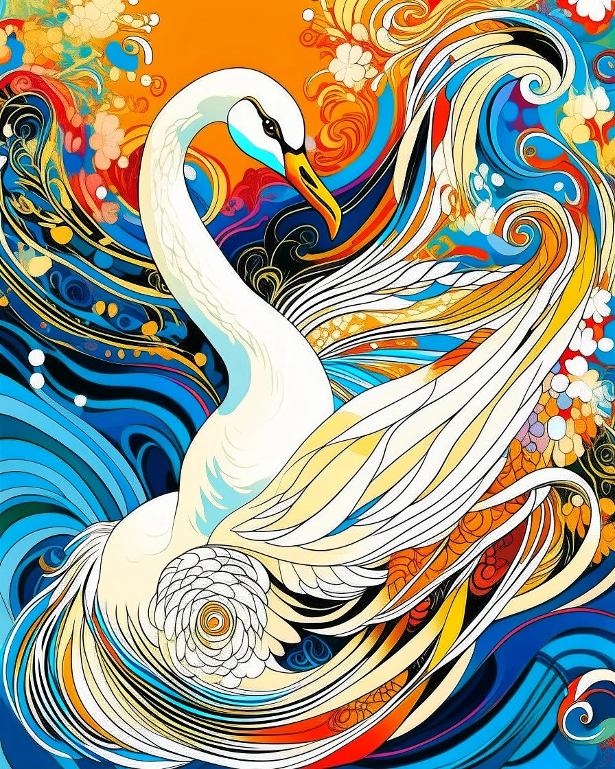 Captivating, whimsical illustration of a swan, with light golden blonde hairstyle. Elongated neck, rounded and exaggerated head adorned with wild and untamed locks that seem to dance in the breeze. Her bright eyes emit mischievous shine, her expressive face captivates with its fascinating beauty. Standing, the swan shows off its vibrant colors and playful behavior. The abstract, vivid background of shapes and colors adds depth and dimension.