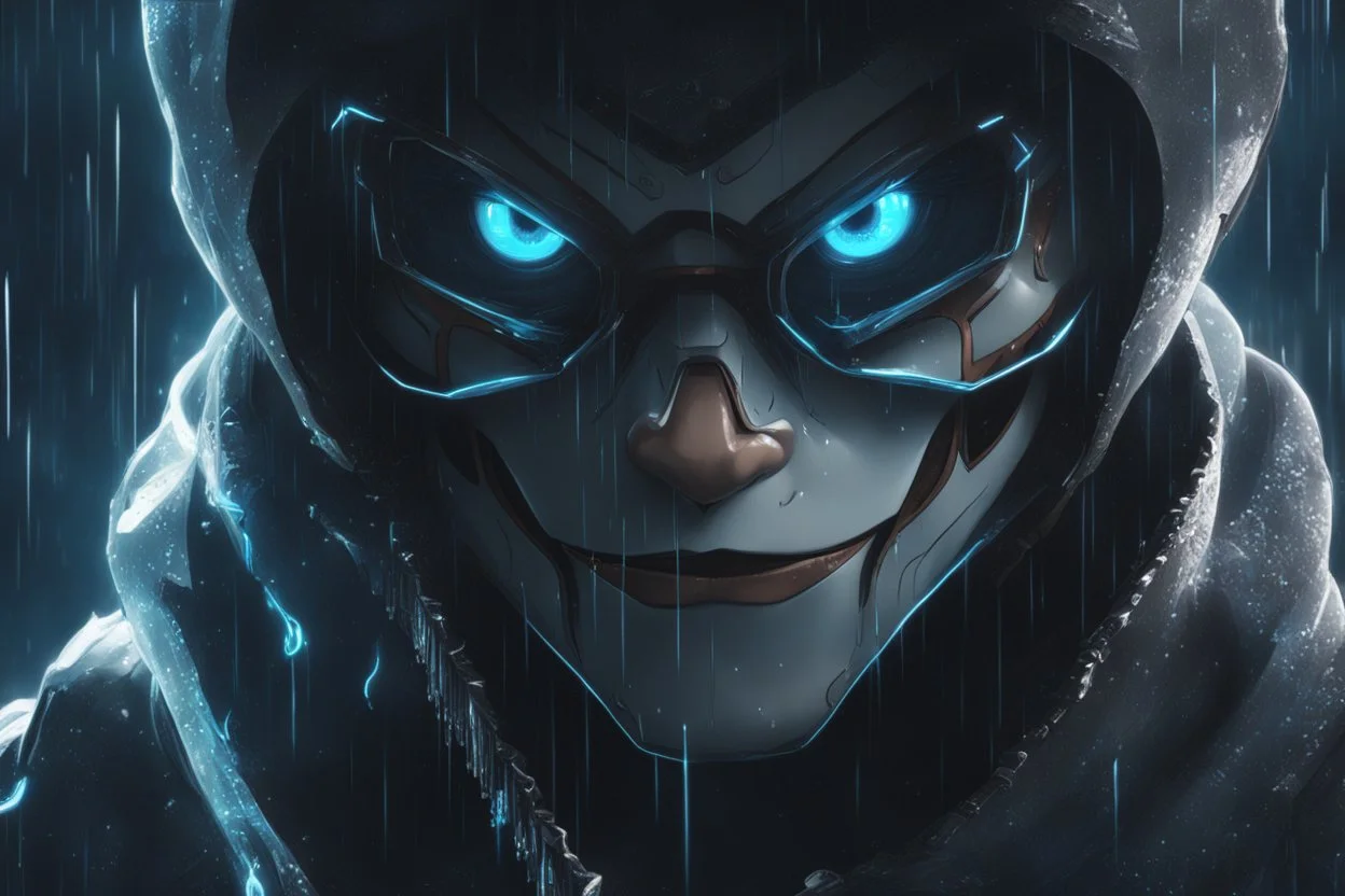Sans in 8k realistic anime artstyle, neon effect, close picture, rain, fantasy world, intricate details, highly detailed, high details, detailed portrait, masterpiece,ultra detailed, ultra quality