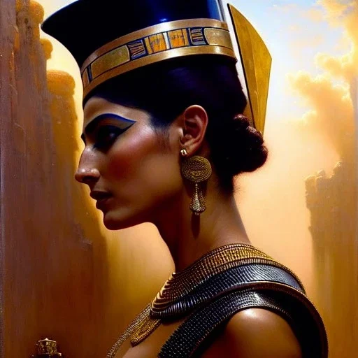 portrait beautiful face Nefertiti,busty,ancient metal armor balanciaga fashion clothe painting by gaston bussiere, greg rutkowski, yoji shinkawa, yoshitaka amano, tsutomu nihei, donato giancola, tim hildebrandt, oil on canvas, cinematic composition, extreme detail,fit full head inside picture