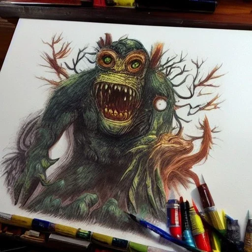 Mashup between an with tree eyed monstreous kaiju and batman painted in the style of the painter Leonardo De Vinci