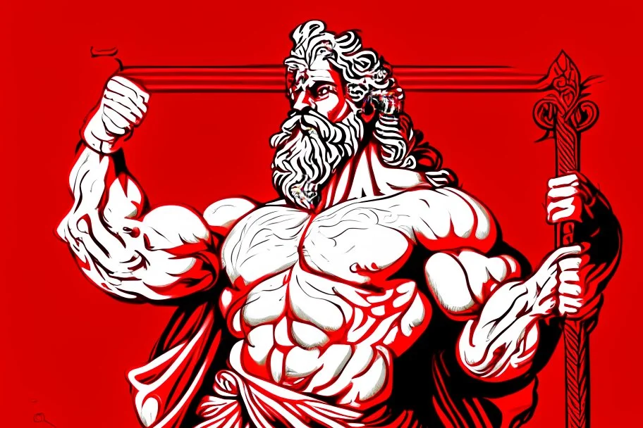 Detailed illustration of Greek god Zeus holding a red bold in het left hand and white bold in right hand. Detailed, Strong, Powerful.