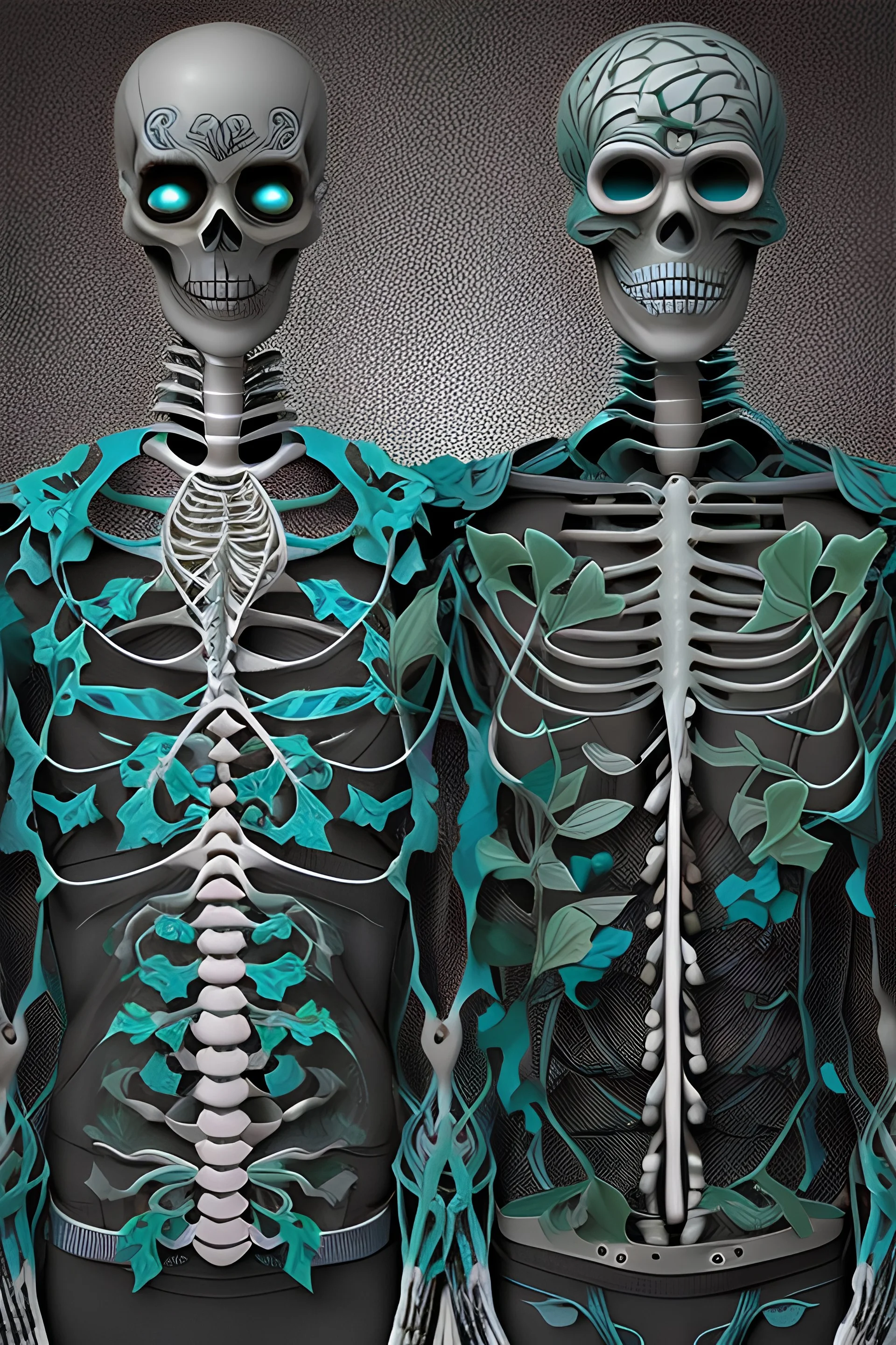 Surreal couple made of metal skeletons with flowering vines growing through; wearing blue gray green striped business suits with paisley shirts and ties; surreal, intricately detailed, beautiful, colorful, vibrant