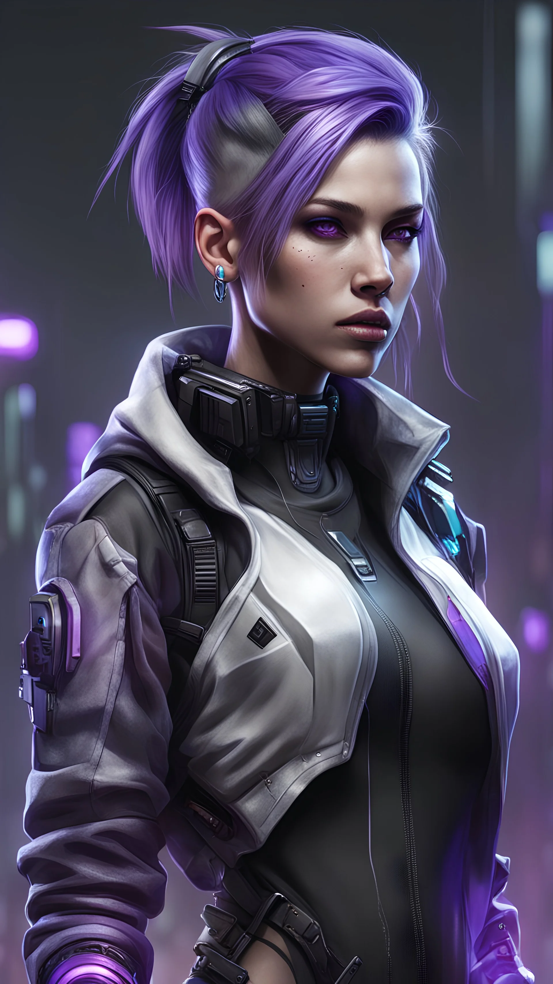 Cyberpunk female with black, grey, white, and purple coloration and clothing in a realistic style