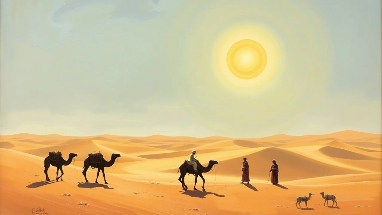 A vintage oil painting depicting a desert landscape with camels and nomads in traditional attire, under a blazing sun. The scene captures the vastness and solitude of the Western Sahara region, with sand dunes stretching as far as the eye can see. The artist's attention to detail in capturing the play of light and shadow adds a sense of depth and realism to the painting.