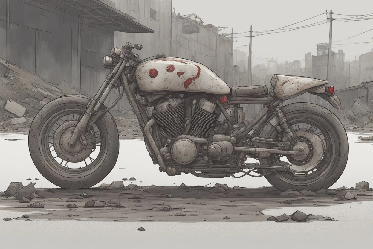 motorcycle, comic book,post-apocalypse, gray background,
