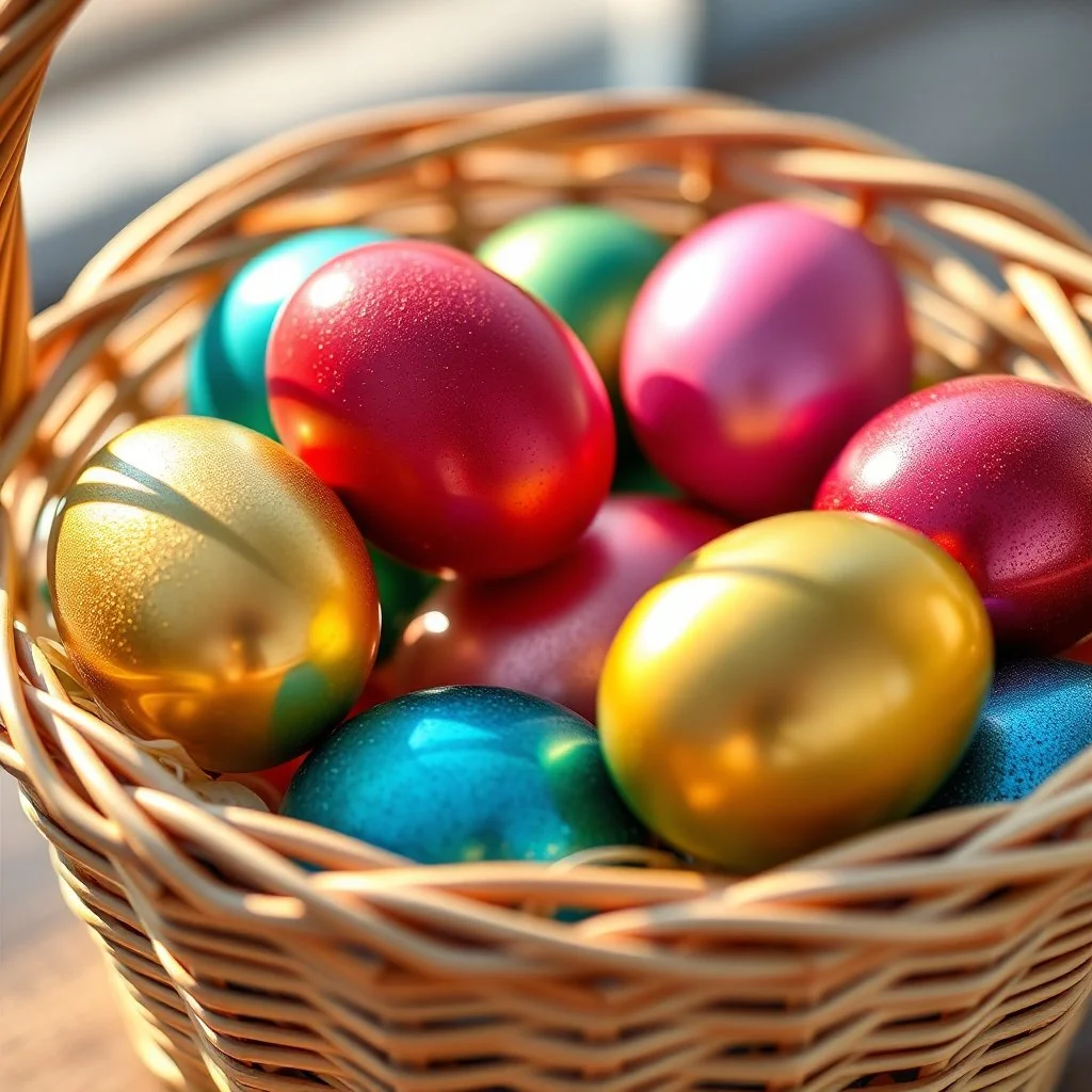 digital photograph of modern basket colorful Easter eggs. eggs display in azure, emerald, blush,red, crimson,gold, sapphire,metallic cinematic HDR backlighting highlights subtle dimples and glossy reflections, with shallow depth of field softening the sunlit background. hyperrealistic 8k resolution,