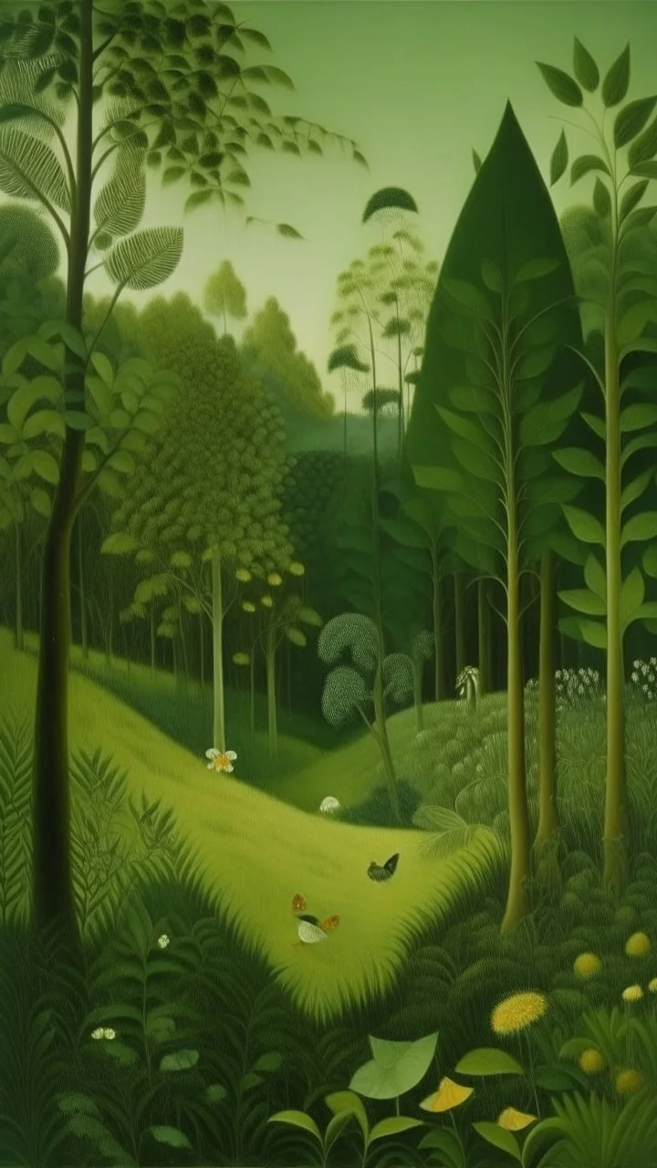 A green forest filled with fairies painted by Henri Rousseau