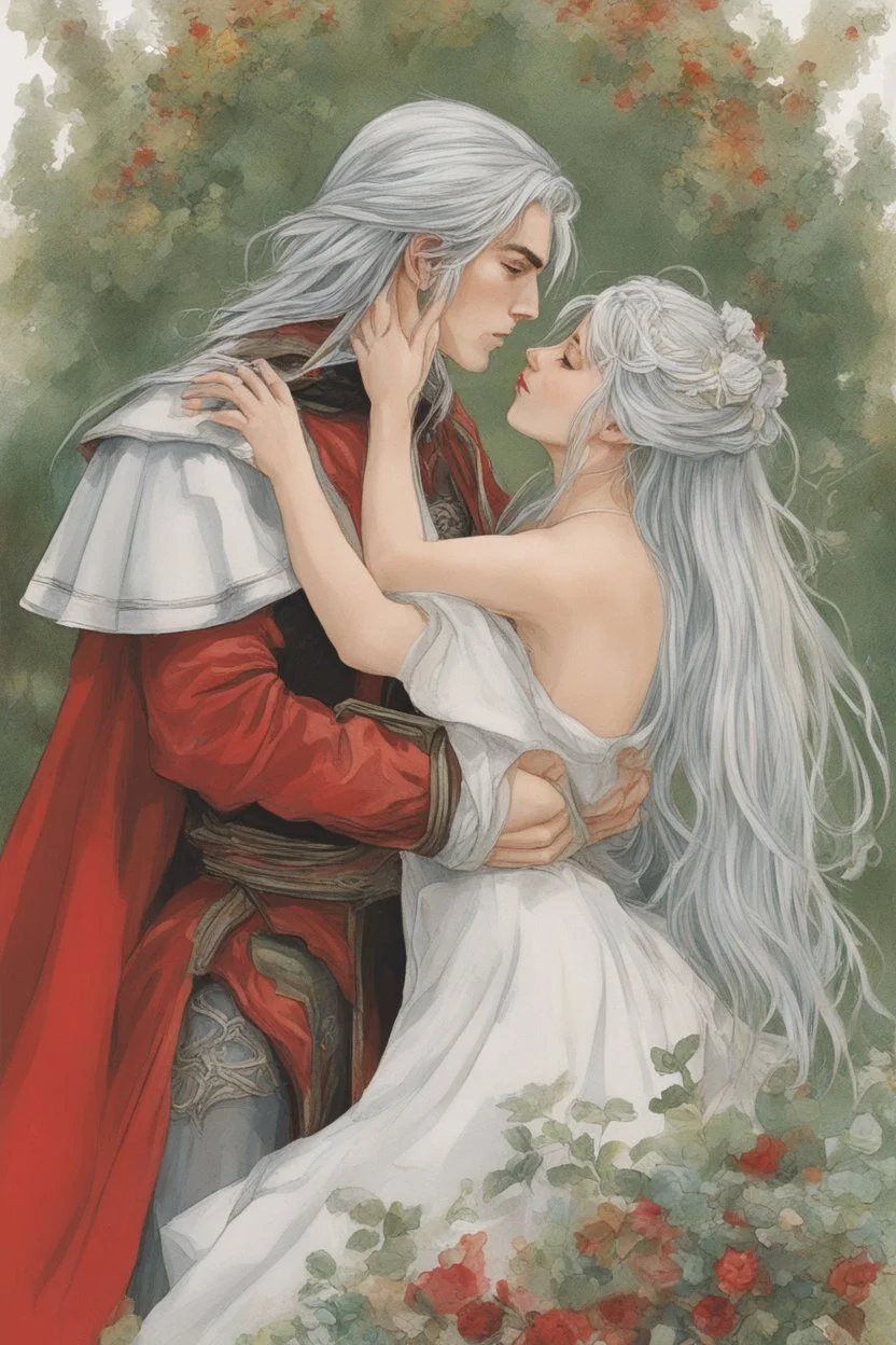 Couple from dnd passionate kissing, woman with white hair wearing a dress, man with long black hair tunic and red cloak.