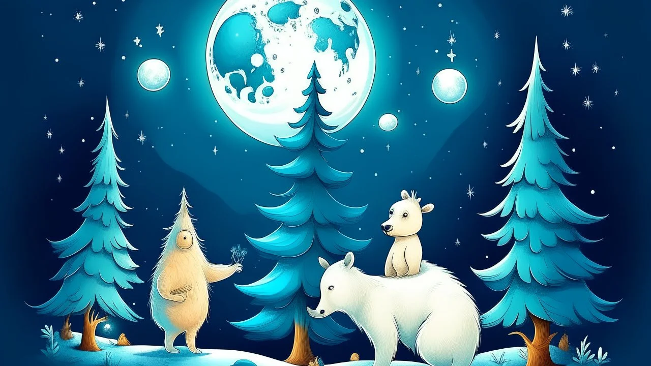 fantasy cartoon illustration: a reindeer, a polar bear, a rabbit are decorating a Christmas tree, beneath a full moon