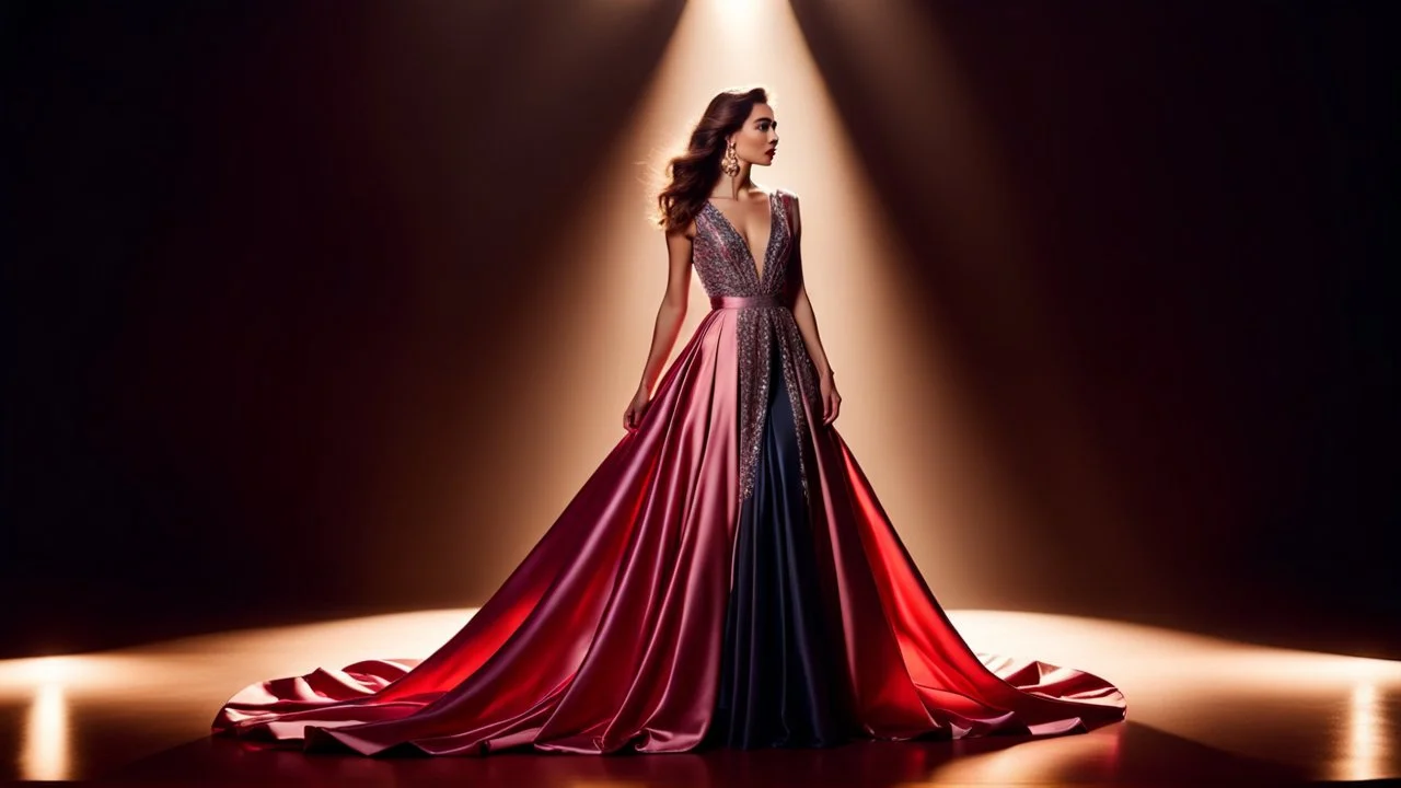 Glamorous woman in elegant evening gown posing on luxury stage under spotlight, cinematic lighting, photorealistic, fashion magazine styletion, Vogue editorial aesthetic.