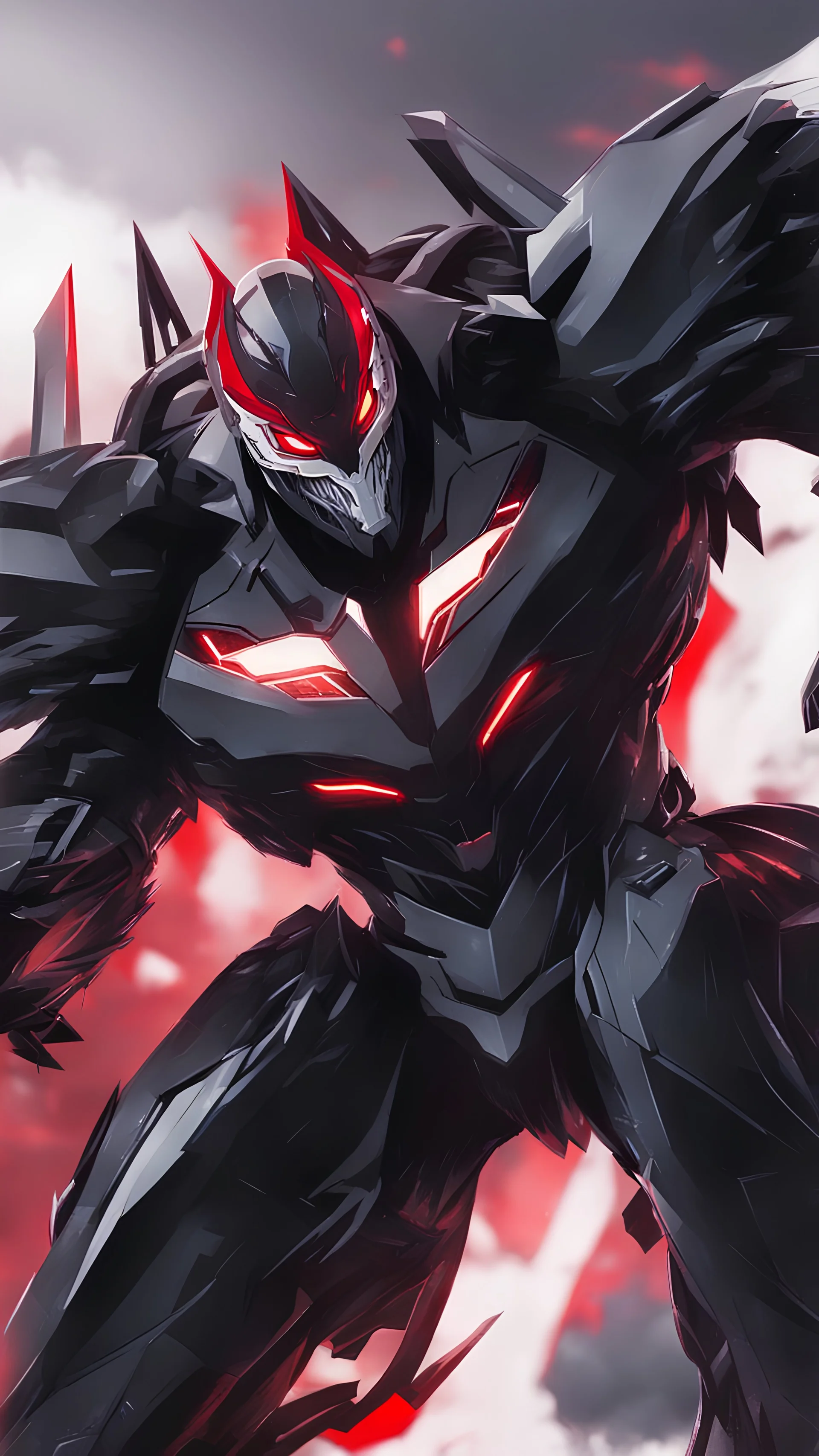 A close picture to Mix between transformers and venom symbiote in solo leveling shadow art style with red details detailsis in fantasy world