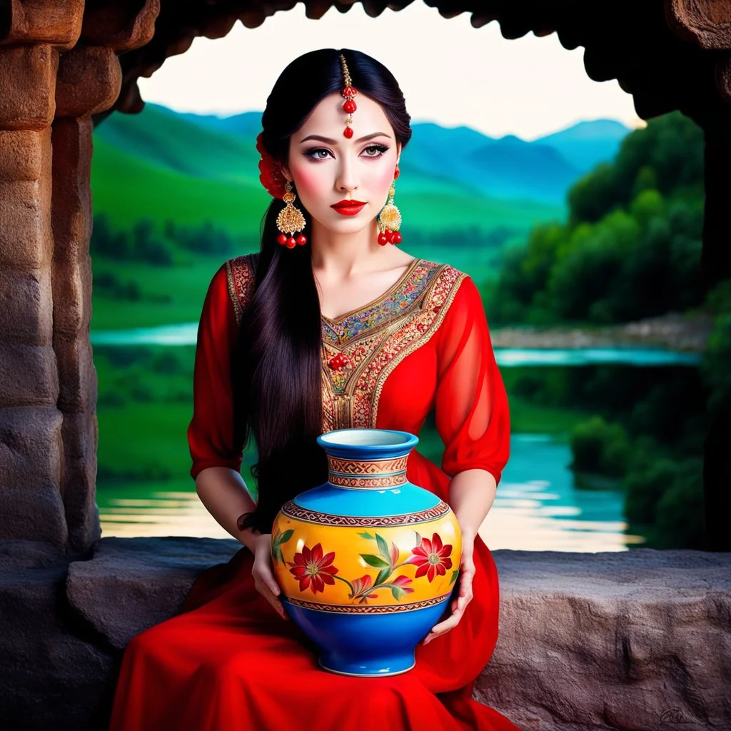 a woman in a red dress holding a vase, creative colorfull - makeup, with professional makeup, hand built ceramics, very very very beautiful face , nice country side with hills ,waterfall over a river with clear water,girls with perfect pretty face in folk costums and a jar, filling their jugs with water and some of them leaving while carring there jugs in there shouldes and 1beautiful girl with jug in shoulder in closeup , very nice mountains at distant, nice clouds in sky ,wide green field wi