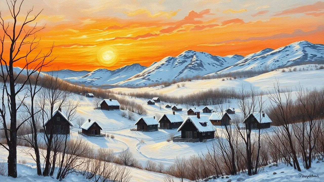 Oil painting, A snowy village with small houses and cabins under an orange sunset sky, with bare trees in the foreground, creative, extremely detailed brush stroke