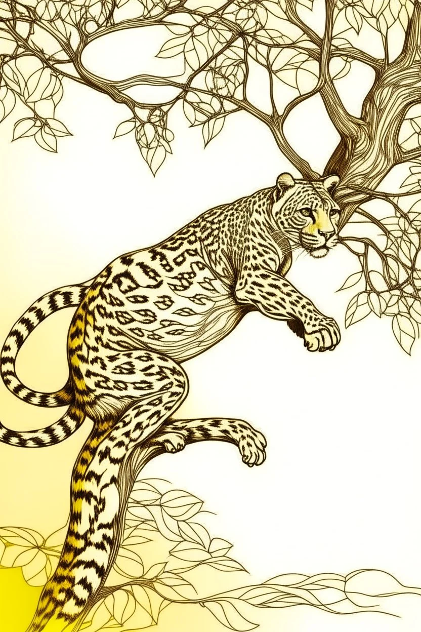 Outline art, leopard climbing a tree, cartoon style, low detail, --ar 9:11