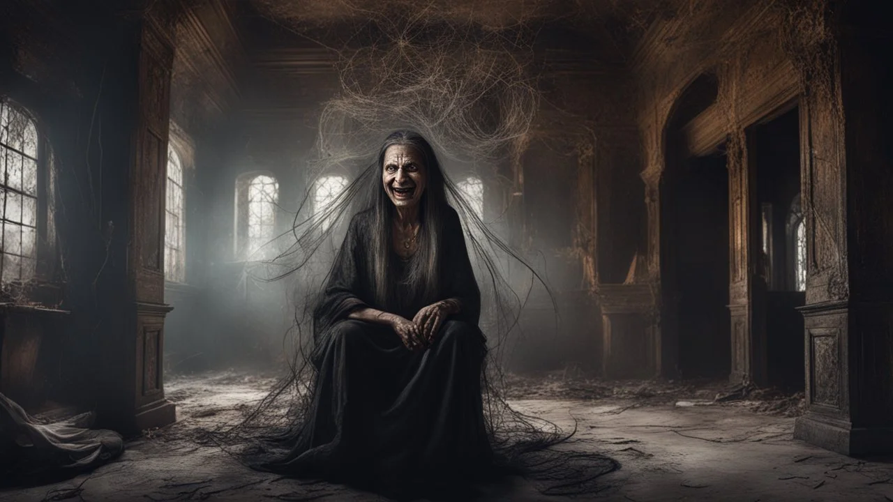 Hyper Realistic photographic-view of Terrifying-Old-witch with creepy-smile flying inside a dark-abandoned Indian-palace-lounge at-night with cobwebs & candles, cracked-walls-&-peeling-paint showing dramatic & cinematic ambiance"