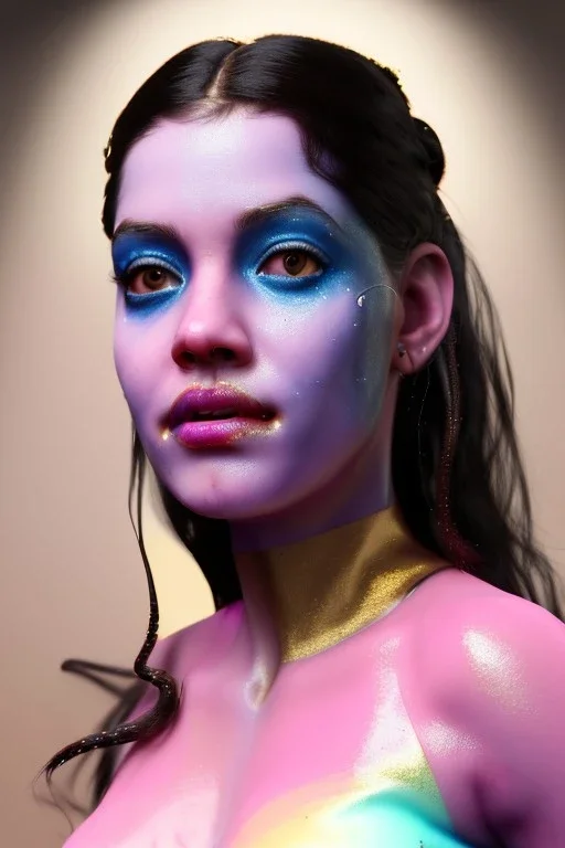 Ultra Realistic image, Rosalía artist, portrait, waist up portrait, long black eye line, sweet face, gold pink and blue geisha style, spray glow make up, led lights, neon, gold piercing nose, led teeth, led ornament hair, glow pink iris, fog, oversized bubble latex coat, vibrant color, highly detailed, art stations, concept art, smooth, unreal engine 5, god rays, ray tracing, RTX, lumen lighting, ultra detail, volumetric lighting, 3d, finely drawn, high definition, high resolution.