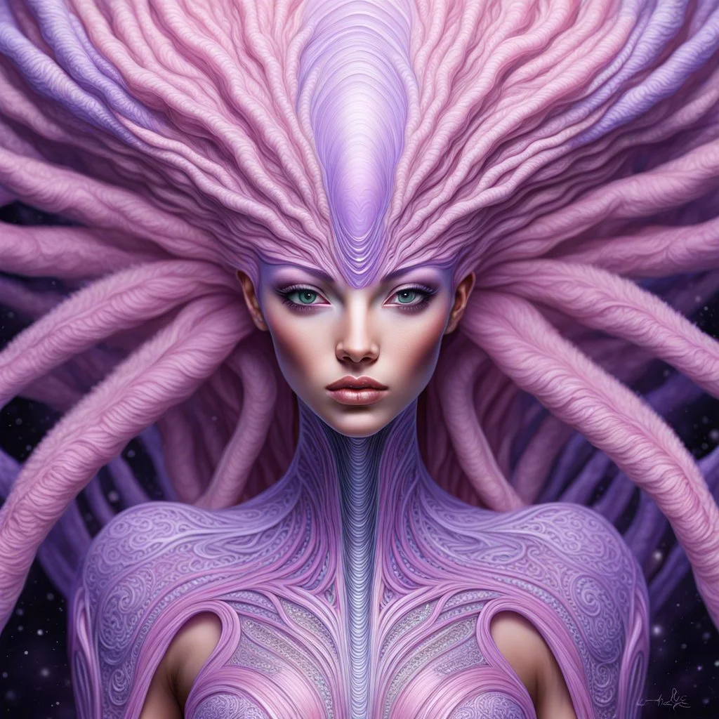 extraterrestrial being, alien, female, bipedal, otherworldly, pastel pink fur, large lavender eyes, intricately designed, highly detailed, Greg Rutkowski, hyperdetailed, humanoid