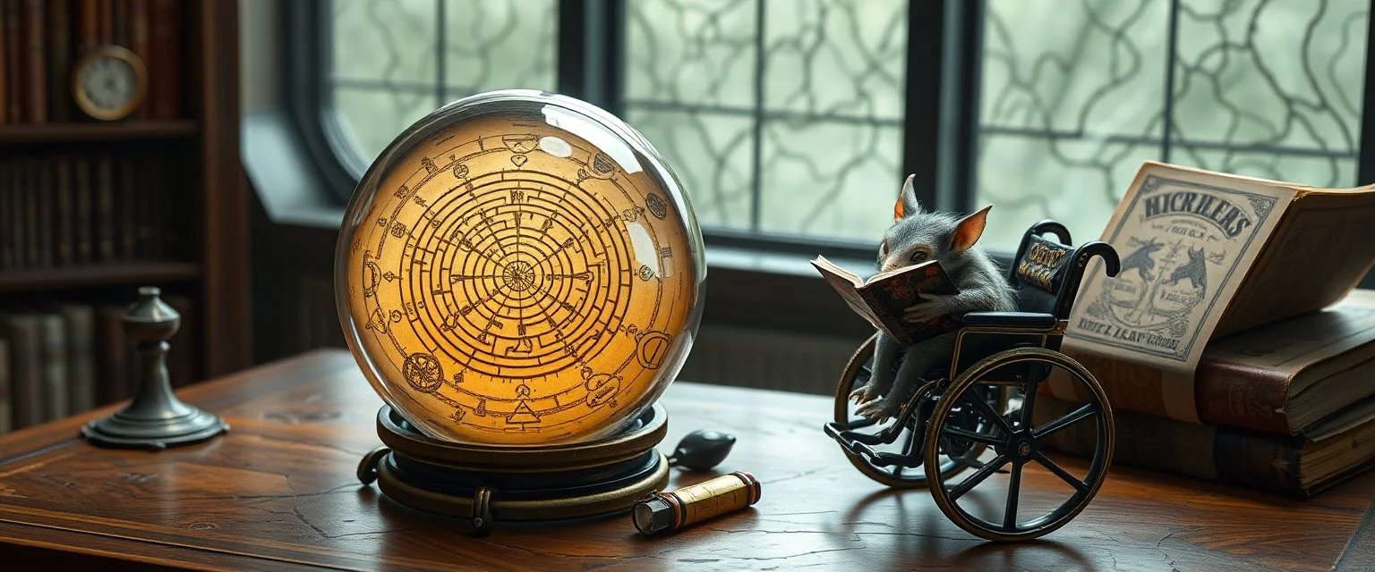 map of labyrinth contained in a glass ball with elemental sigils and symbols on a table beside a book called Rotten Riddles of a Forgotten Age with weird illustrations, being read by an fluffy imp kobold gremlin druid librarian in a cyber punk wheel chair