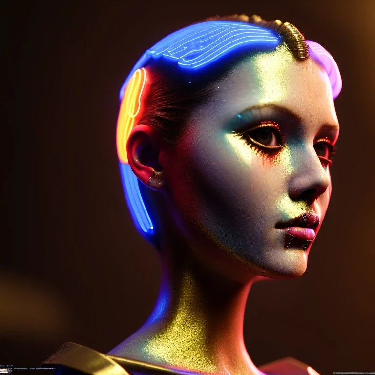 pretty british cyber woman, cold ambient, rain, fog, latex, cables, purpurin, black, gold, noise piercings, brown, decorative color feathers, circuits, neon style, a lot of led lights, fog, rain, vibrant color, highly detailed, art stations, concept art, smooth, unreal engine 5, god rays, ray tracing, RTX, lumen lighting, ultra detail, volumetric lighting, 3d, finely drawn, high definition, high resolution.