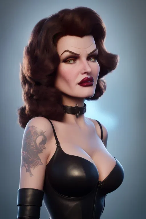 Rita Hayworth as evil queen in black leather, busty, cleavage, curvy, angry, stern look. character design by cory loftis, fenghua zhong, ryohei hase, ismail inceoglu and ruan jia. unreal engine 5, artistic lighting, highly detailed, photorealistic, fantasy