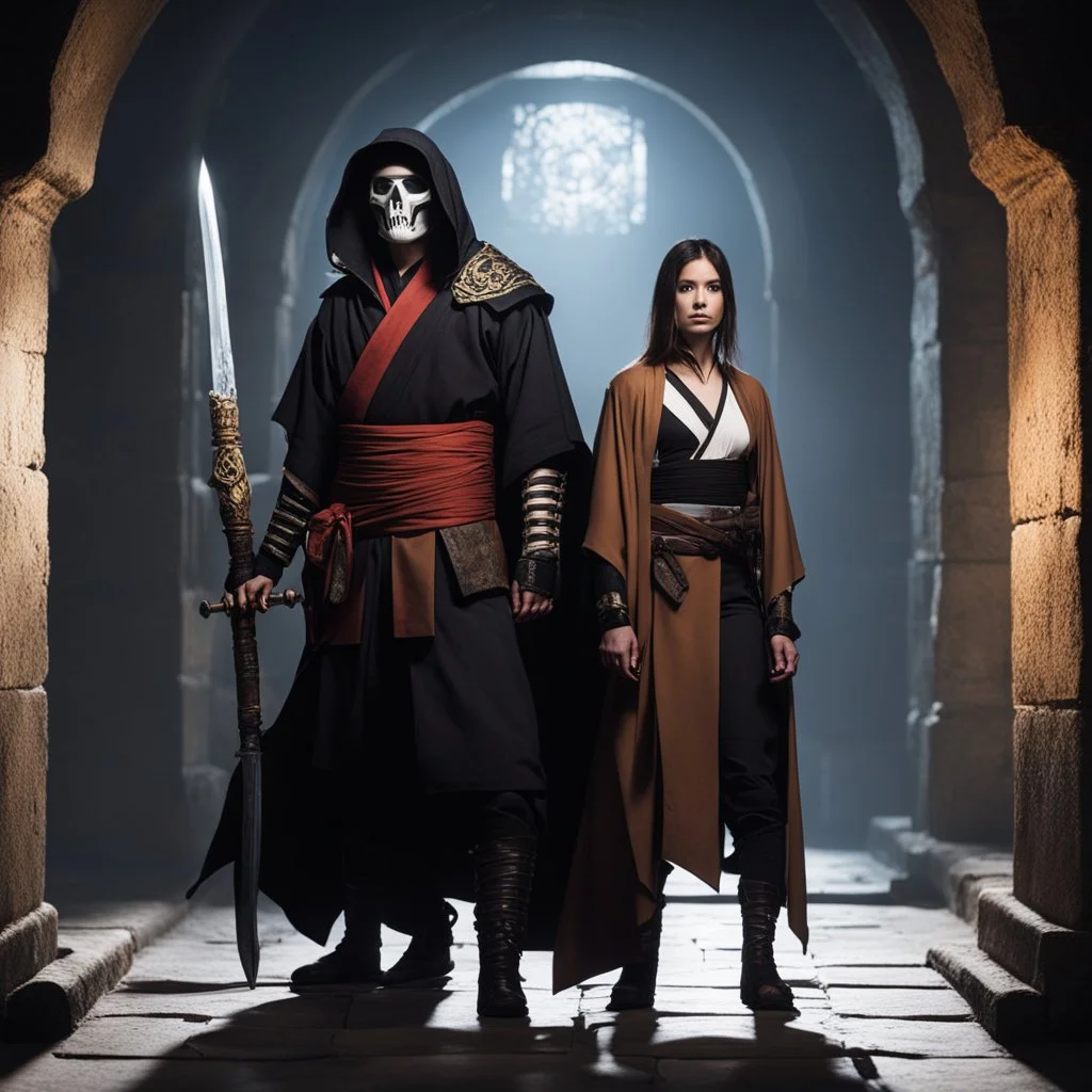 full-body photo of two characters of an ADnD campaign in a crypt. character 1: is a male ninja in a dark kimono, character 2: is a sorceress skeleton in a brown cape