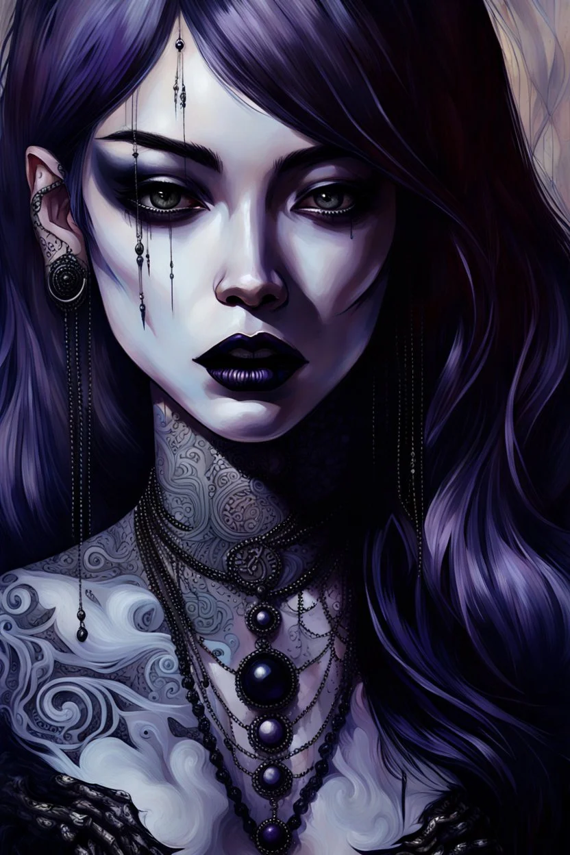 painting of a woman with dark purple-black long hair and black tattoos on her body, a cold, indifferent expression, silver and black onyx jewelry, black lace dress, cybernetics, crepy stunning anthropomorphic female, Minjae Lee vibe, cbybernetic and etheral human, ancient deity, by Vincent Lefevre and Yoshitaka Amano