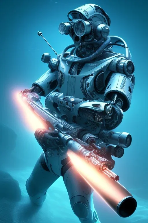 diver like a cyborg,with the gun,hi quality detail,hi quality textures,cinematic,realistic,aggressive