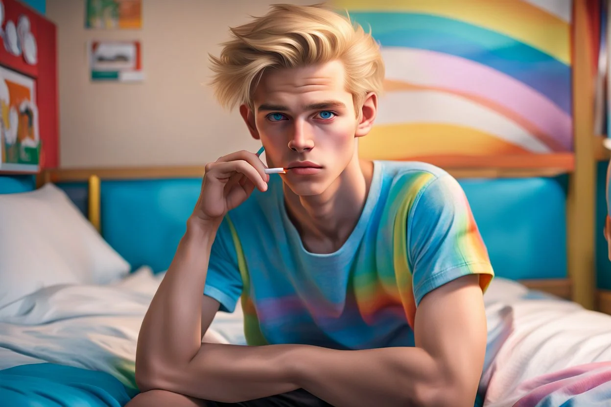 Fotorealistisch 16jähriger schlanker effeminierter blonder Junge mit hellblauen Augen, das Haar mit Gel nach hinten gekämmt, Zigarette lässig im Mund, gekleidet in geringeltes T-Shirt in Regenbogenfarben, sitzt lässig auf Bett in Studentenbude