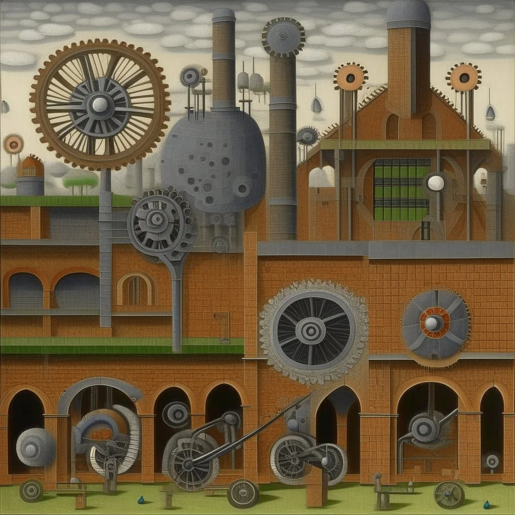 A gray factory with gears and bombs designed in Australian aboriginal art painted by Georges Seurat