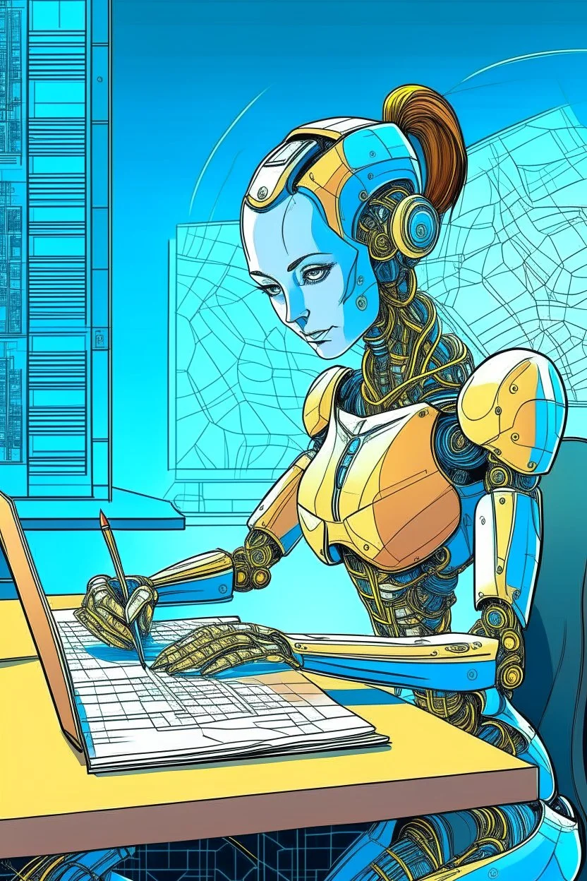 generate a front cover representation of Ai attractive female humanoid bot writing a book at a desk in a comic book style