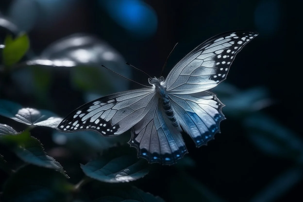 diaphanous transparent light butterfly with glowing center on dark grey leaves, ethereal, otherwordly, cinematic postprocessing, bokeh, dof