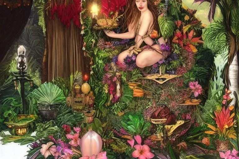 Lilith, Goddess, tropical flowers, heart chamber, crystals, tropical leaves, sacred altar, Fantasy home.