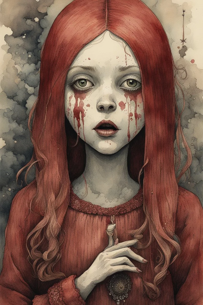 Girl feel nauseous, watercolor illustration by <John Kenn Mortensen>, darkred tones,