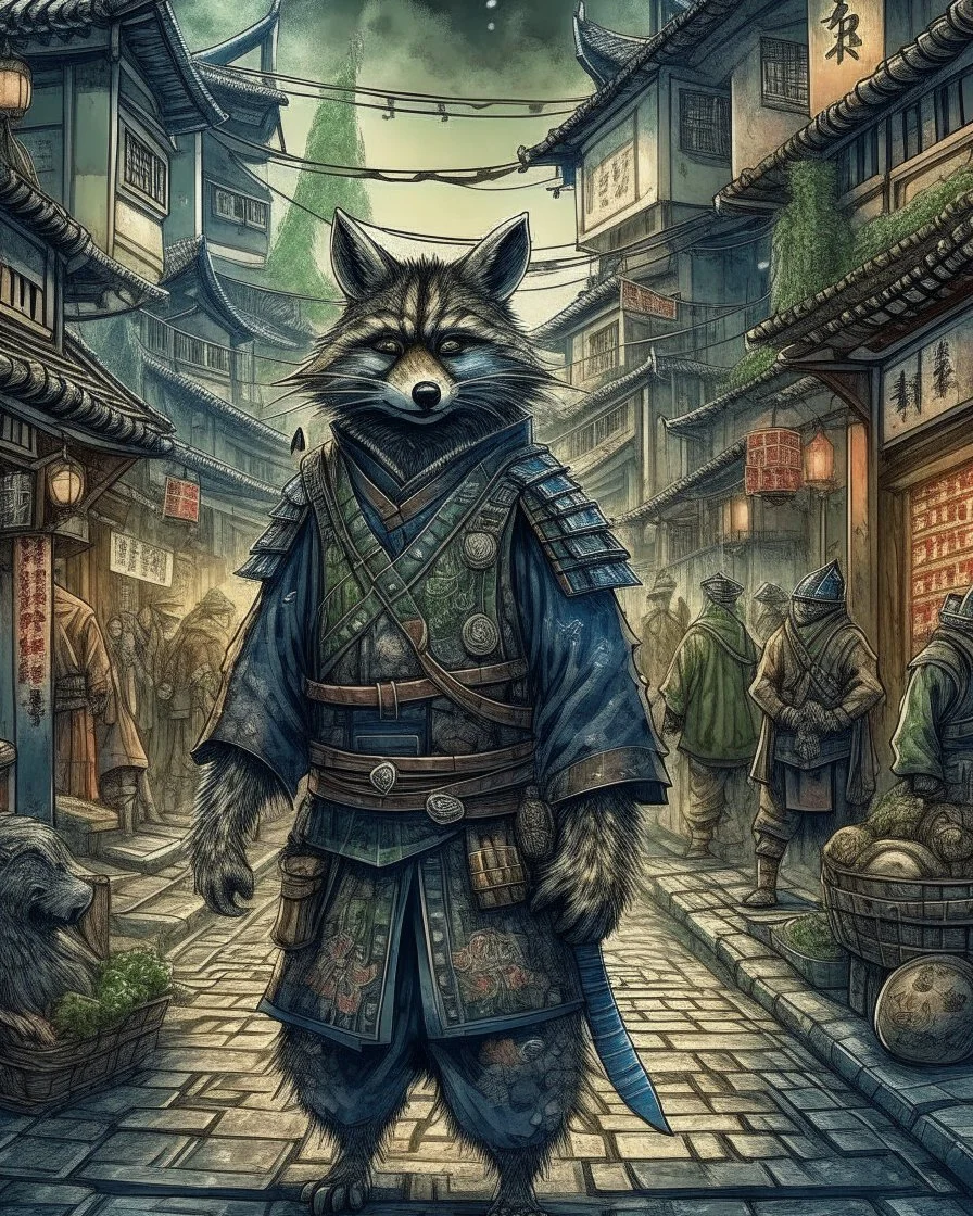 highly detailed concept illustration of an alternate reality ancient China samurai racoon wanderer in a street, maximalist, highest resolution, Masahiro Ito, boldly inked, 8k, coarse, gritty textures