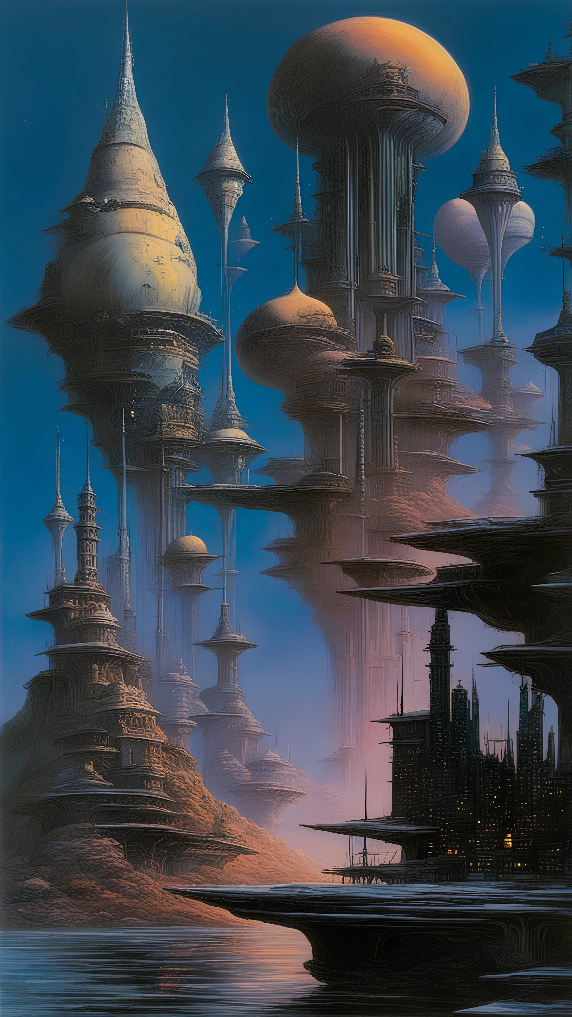 Floating Fantasy city, beautiful cityscape art by Jim Burns, Roger Dean, Bruce Pennington, Tim White, Michael Bohme, Chris Moore, Paul Lehr, Rodney Matthews, Chris Foss, and John Harris