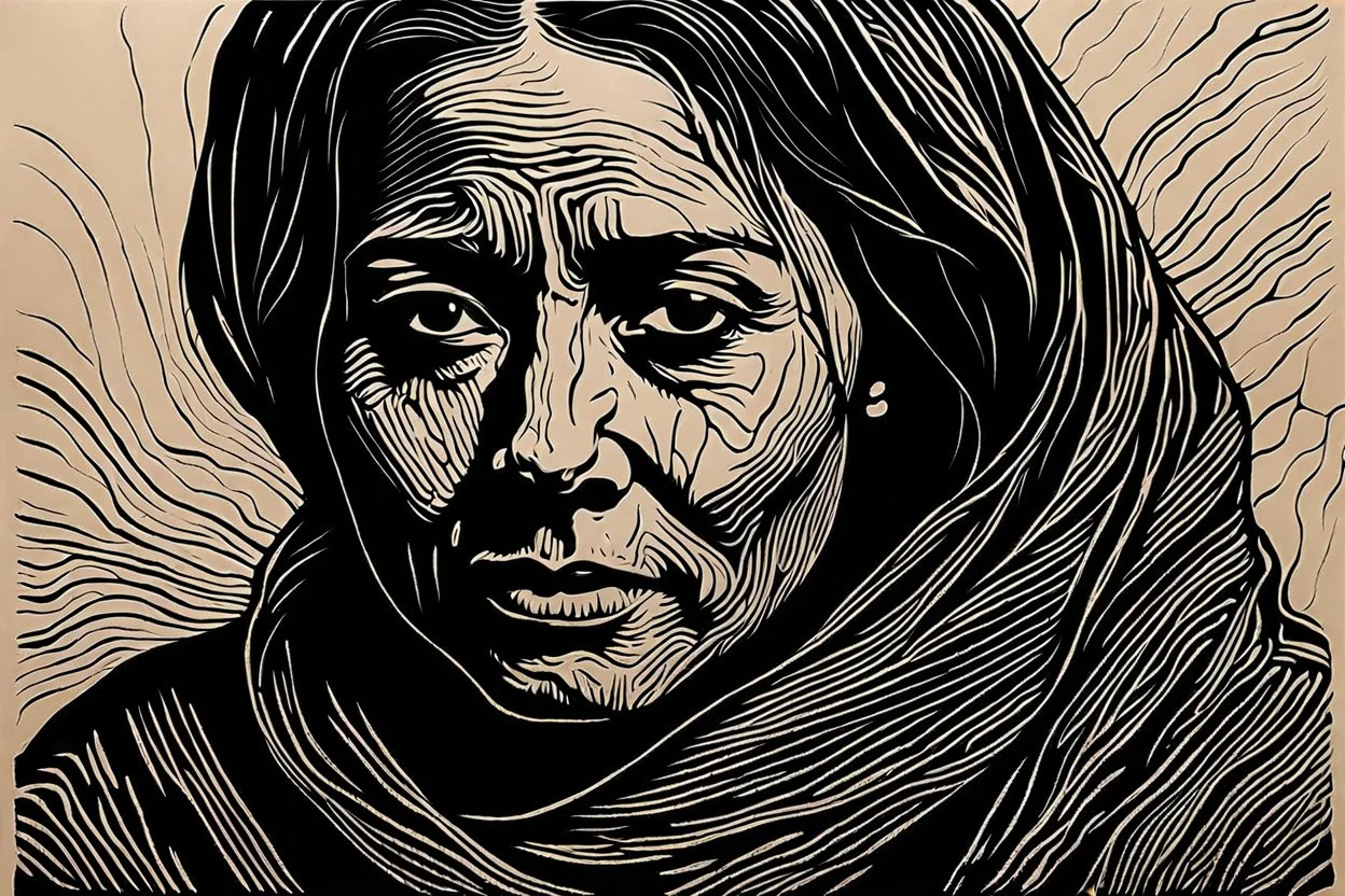 create an abstract, deeply powerful tragic and evocative, full body woodcut of a raw and weathered Palestinian woman with highly detailed and deeply cut facial features, lost in a horrific post apocalyptic Gaza, in the style of KATHE KOLLWITZ , searing lines and forceful strokes