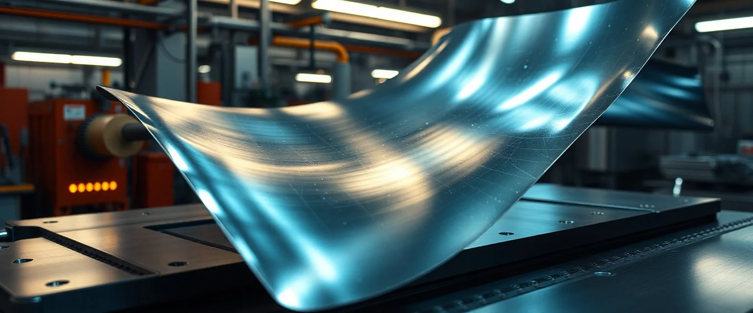 Prompt 3 — Smart Metal Sheets “Flexible hybrid sheets made of Fy-Lu-C, metallic and slightly glowing, magnetic fields visible as subtle energy waves, forming dynamic circuits, futuristic workshop or factory setting, high-tech industrial sci-fi, ultra-detailed surfaces, cinematic lighting.”