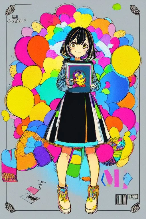 A round-faced little girl happily holding a bunch of colorful balloons ,very happy , Colloring page for todlliers ; basic hawali style cartoon , black and white , ink outlines , , smooth , anime style , minimalist , cute eyes , full body , white shose , sketchbook , realistic sketch , free lines , on paper , character sheet , clean line art high detailed