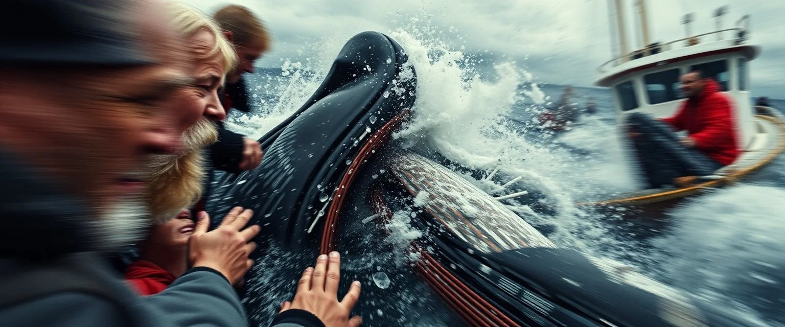close up on scared people, collisions, aggression, ship hitting animals, animals interacting with vehicles, whales near boats, overlapping subjects, chaotic composition, distortion, surreal behavior, violence, confusion, merged objects,