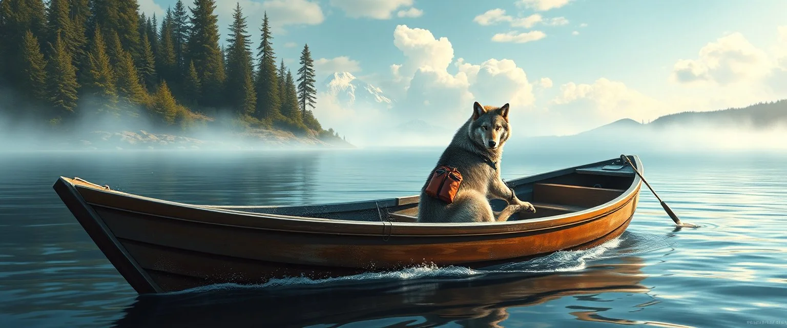 airbrush 3d rendering, wolf is being rescued from boat in lake, business logo