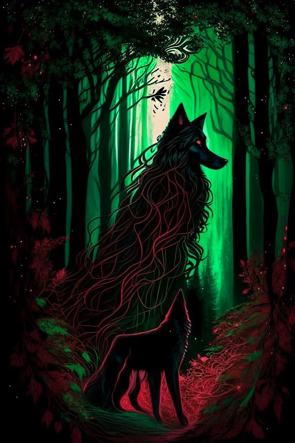 In the heart of a dense and enigmatic forest with towering ancient trees cloaked in emerald foliage stood a bewitching witch possessing an ethereal allure her lustrous hair cascading in ebony waves down to her slender waist In her captivating presence a majestic canine of Belgian shepherd lineage roamed at her side its eyes illuminated by an otherworldly crimson glow exuding an aura both mysterious and demonic