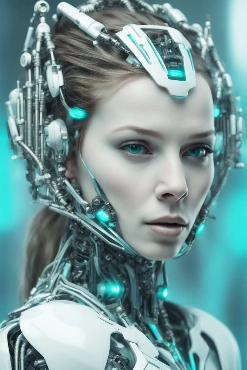 portrait of futuristic bionic kyborg woman, front view, symetrical photo, luminescent synthesis, biopunk, sci-fi, intricate details, light abstract blur background, white, cyan reflections, --ar 3:4 --style raw --stylize 350 --v 6