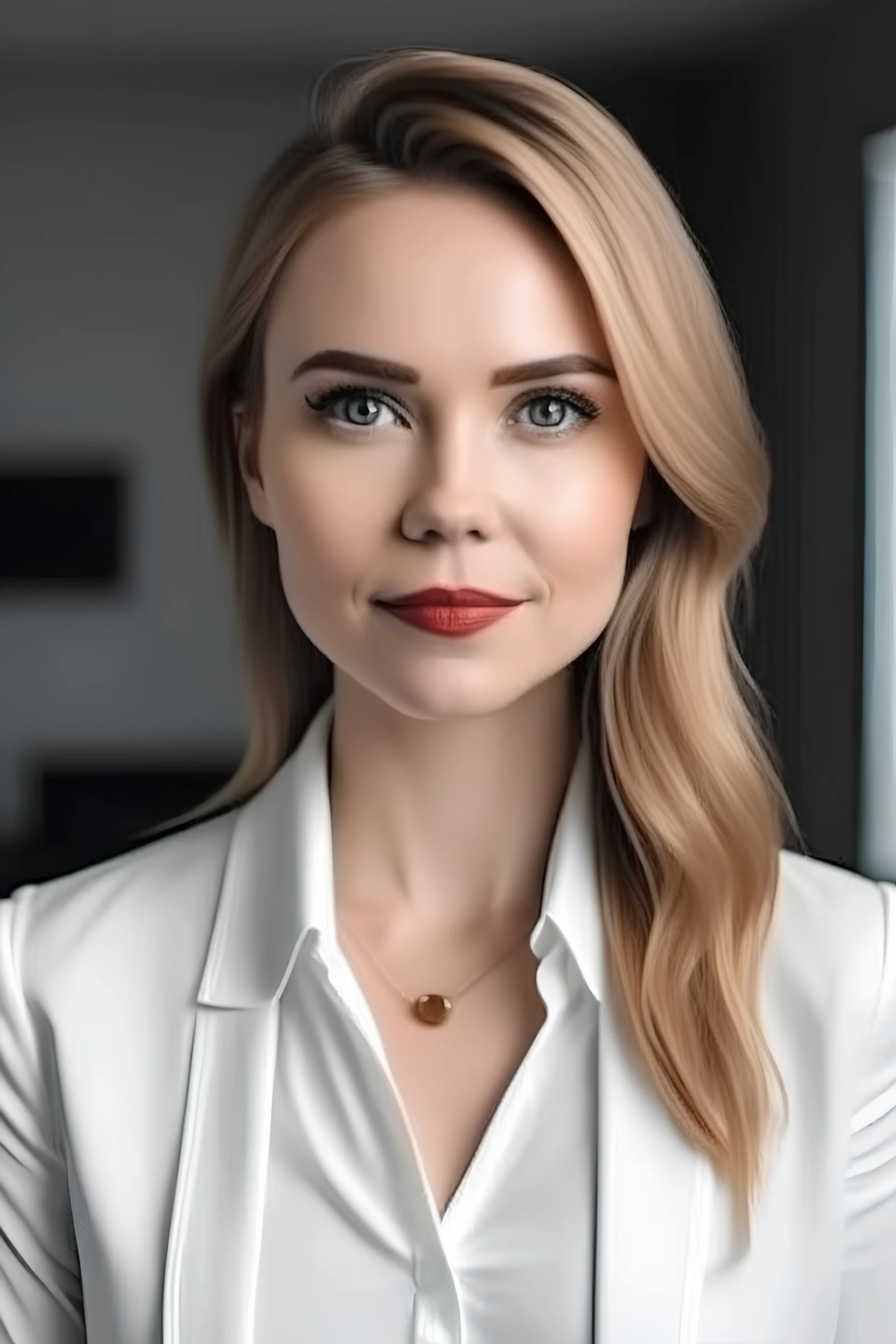 beautiful white woman face and bust looking at the camera in office outfit