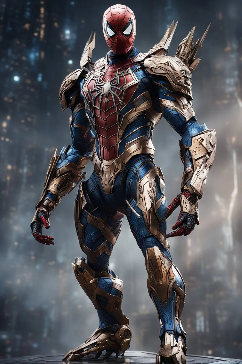 Fullbody photography front view of a Spiderman mech in transformative style, his metallic skin gleaming with intricate textures and intricate details, captured in an ultra-realistic style that blurs the lines between reality and imagination, cosmic background