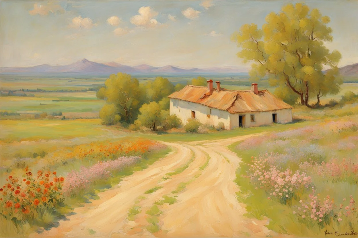 sunny day, mountains, trees, dirt road, flowers, spring, countryside, adobe house, friedrich eckenfelder and hans am ende impressionism paintings