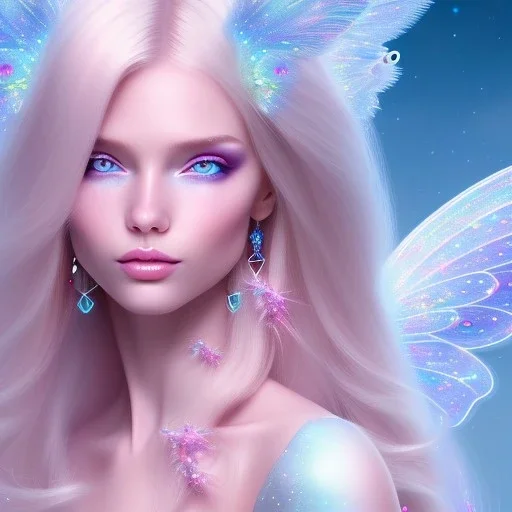  beautiful, soft, whide smile face, long blonde straight hair, blue eyes, fairy wings on the back, transparent crystal blue and pink clothes, background blue and pink, big definition, 8K