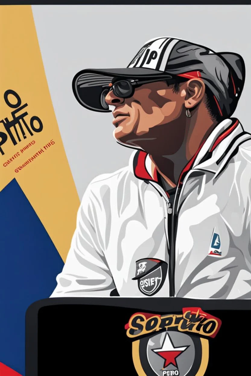 Ilustración vectorial de Gustavo Petro con gorra deportiva camisa colores negro, blanco y rojo, fondo negro