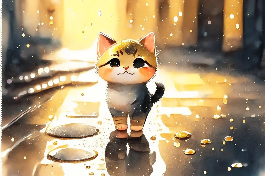 cute happy chibi cat standing on a wet cobblestone road in sunshine, watercolor and black in outlines, golden glitter, ethereal, cinematic postprocessing, bokeh, dof