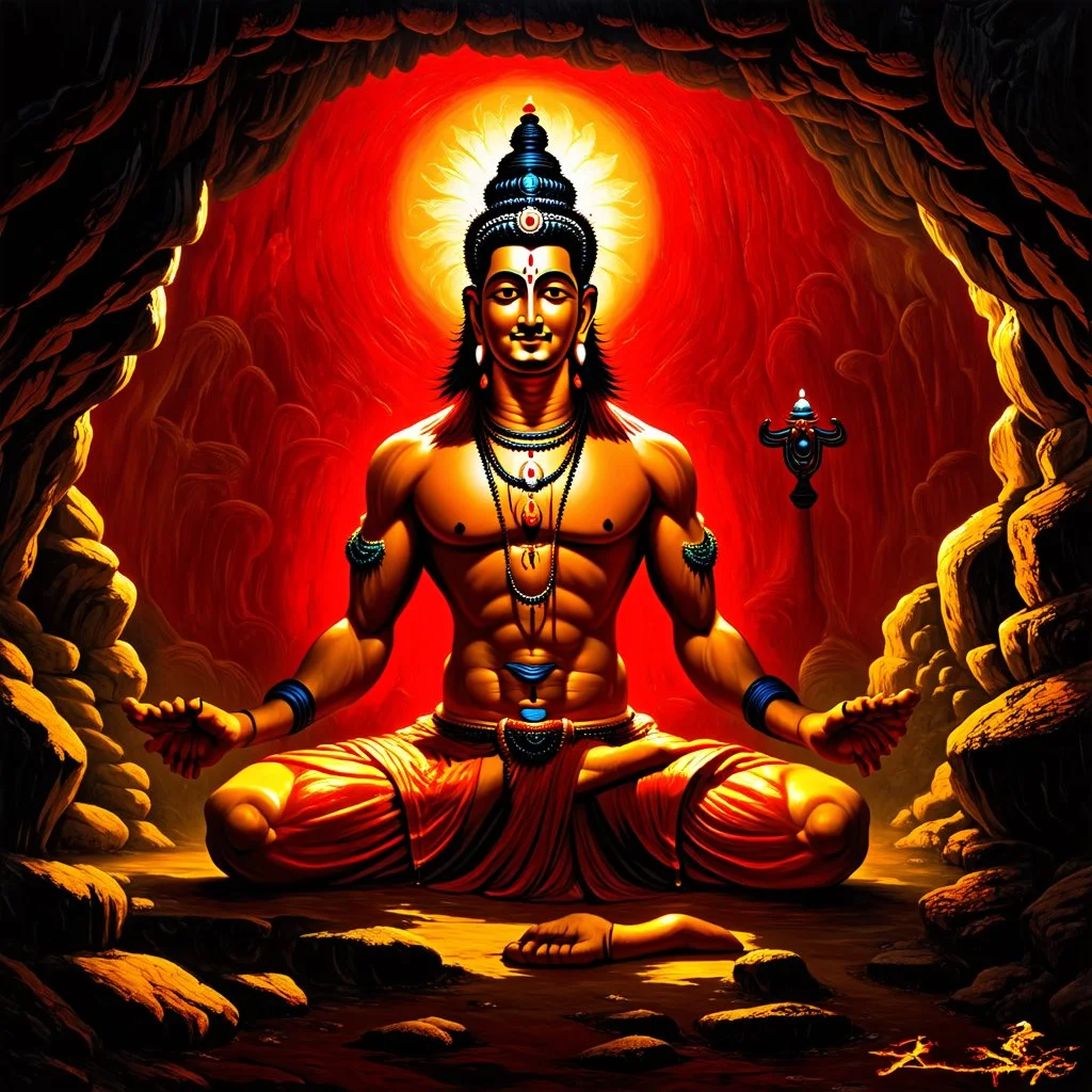 An oil painting of Hindu god YAMA in a cave, neon red colors, high detail, dark vibe